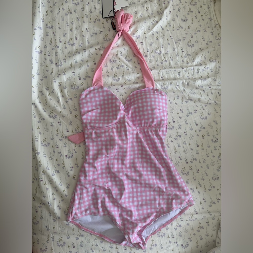 Pink Gingham Halter Swimsuit